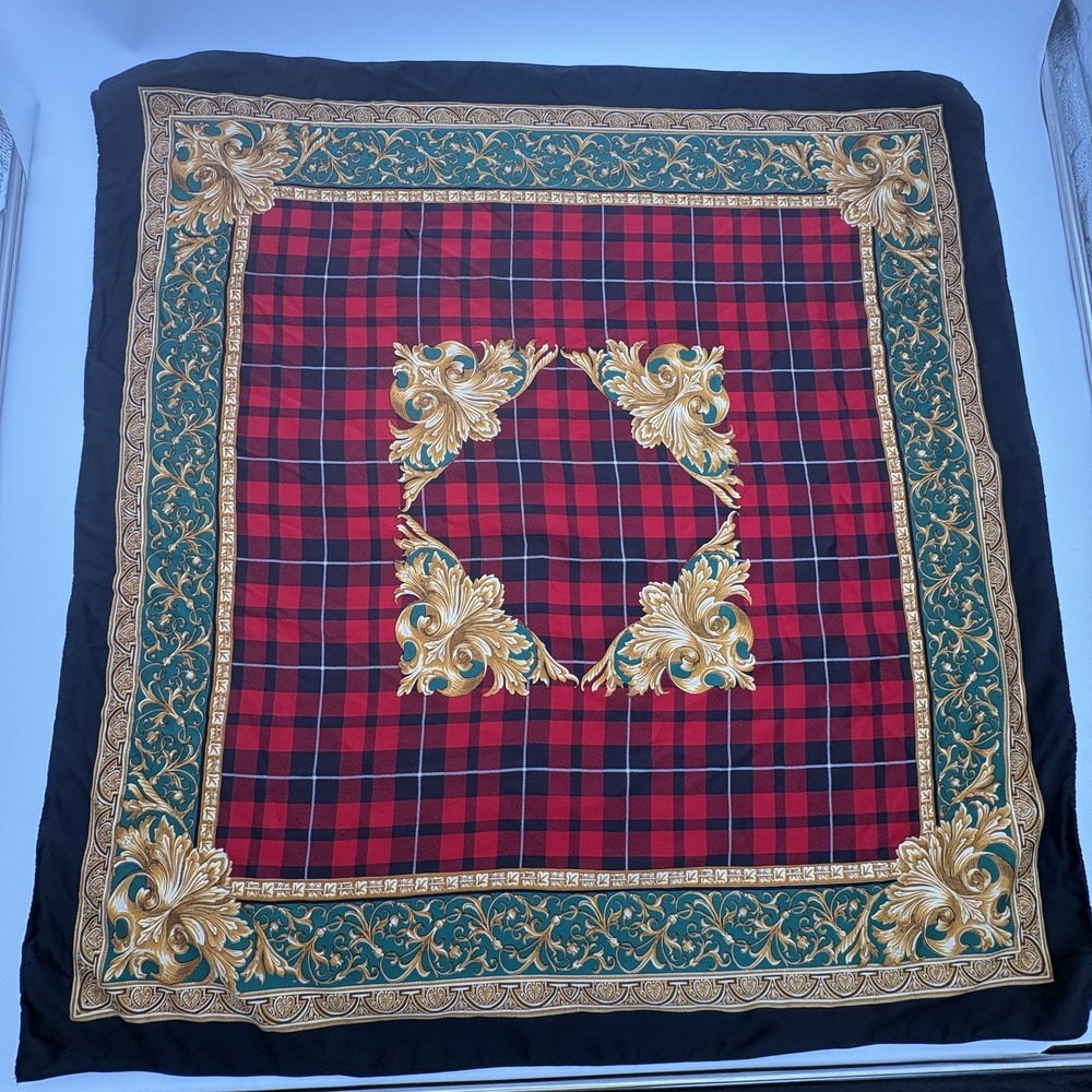 Large Plaid Square Scarf Womens Multicolor Red Green Gold Baroque Border